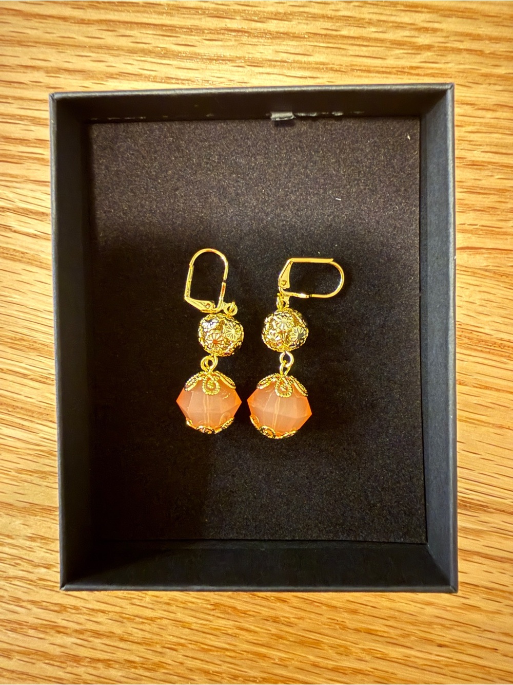 18K Gold Filled Peach Crystal Filigree Dangle Earrings NEW